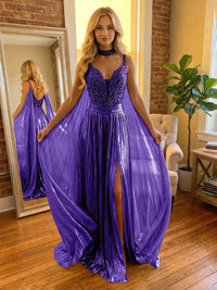 A Line Spaghetti Straps Metallic Long Mixed Formal Evening Dresses with Split Side