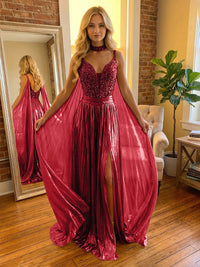 A Line Spaghetti Straps Metallic Long Mixed Formal Evening Dresses with Split Side