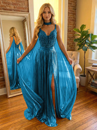 A Line Spaghetti Straps Metallic Long Mixed Formal Evening Dresses with Split Side