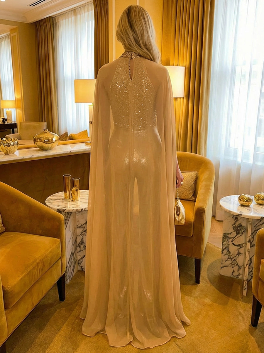 Metallic Jumpsuit Halter Sequined Long Simple Evening Dresses with Cape