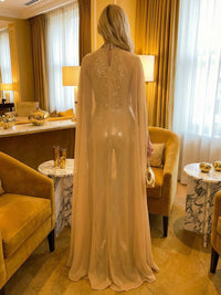 Metallic Jumpsuit Halter Sequined Long Simple Evening Dresses with Cape