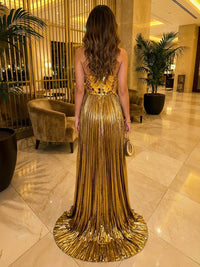 A Line Strapless Acrylic Floor Length Elegant Formal Evening Dresses with Split Side