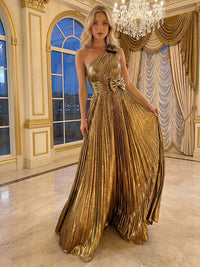 A Line One Shoulder Bow Floor Length Formal Evening Dresses with Pleats