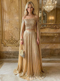 Off Shoulder 2 Piece Metallic Floor Length Formal Evening Dresses with Sequins