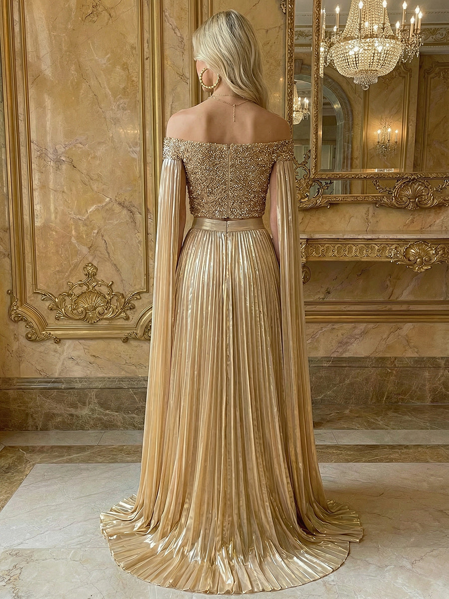 Off Shoulder 2 Piece Metallic Floor Length Formal Prom Dresses with Se