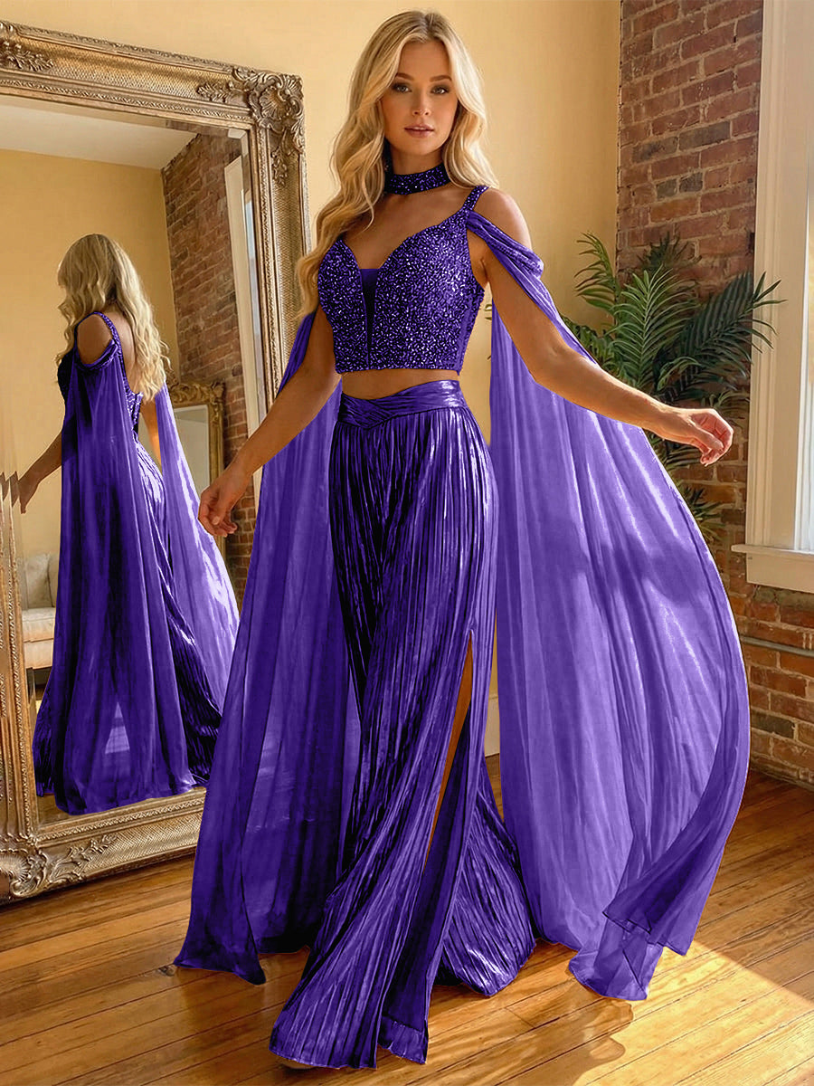 2 Piece Metallic Pantsuits Cold Shoulder Long Elegant Evening Dresses with Cape