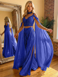 2 Piece Metallic Pantsuits Cold Shoulder Long Elegant Evening Dresses with Cape