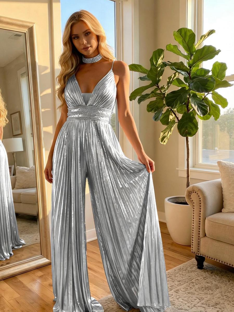 Metallic Long Spaghetti Straps Jumpsuit Formal Evening Dresses with Beadings