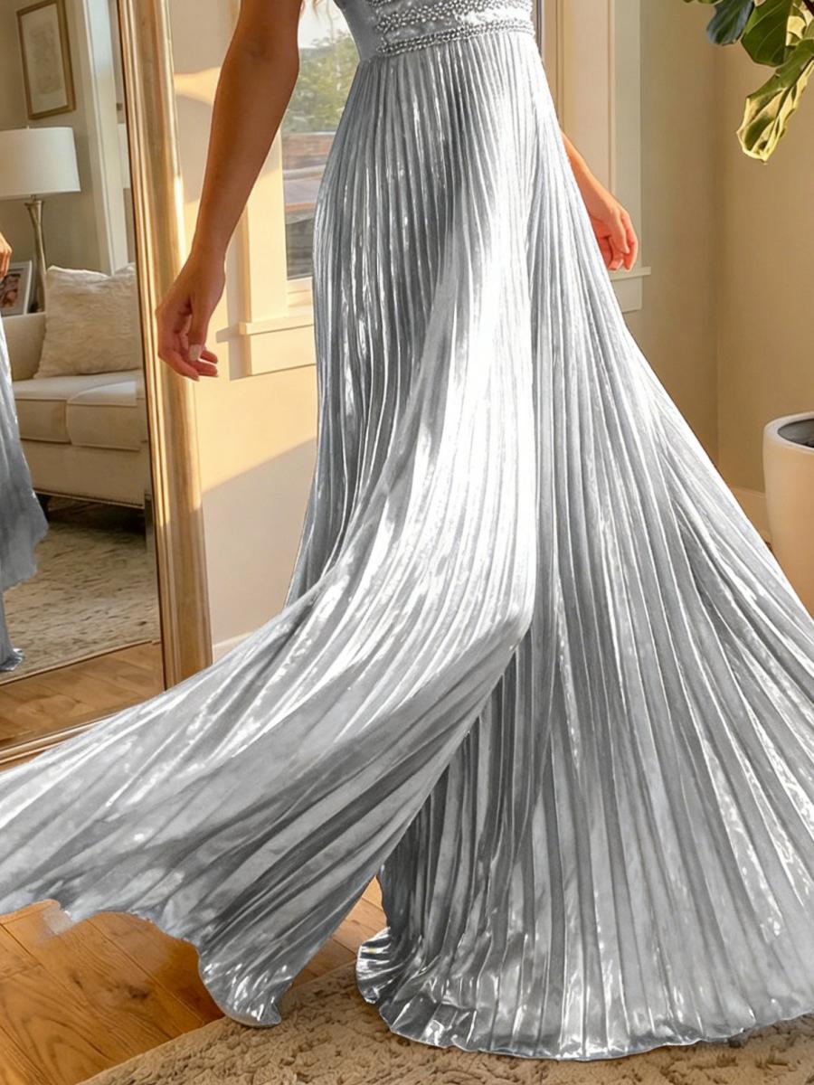 Metallic Long Spaghetti Straps Jumpsuit Formal Evening Dresses with Beadings