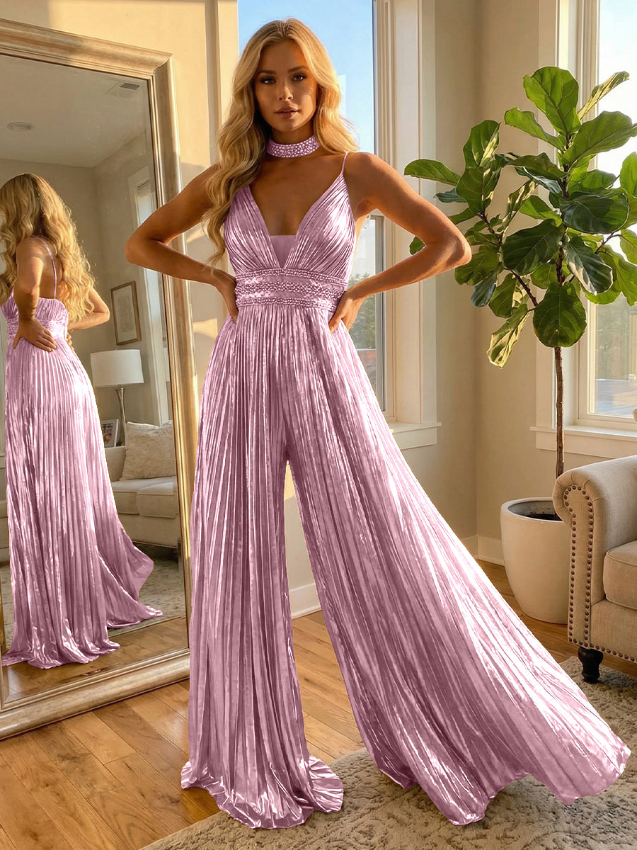 Metallic Long Spaghetti Straps Jumpsuit Formal Evening Dresses with Beadings