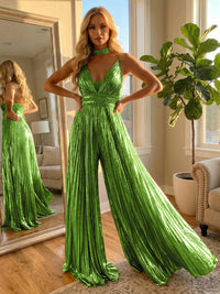 Metallic Long Spaghetti Straps Jumpsuit Formal Evening Dresses with Beadings