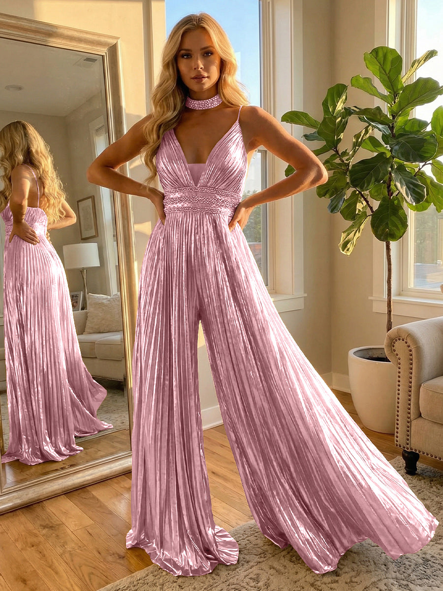 Metallic Long Spaghetti Straps Jumpsuit Formal Evening Dresses with Beadings