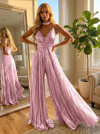 Metallic Long Spaghetti Straps Jumpsuit Formal Evening Dresses with Beadings