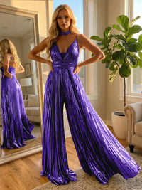Metallic Long Spaghetti Straps Jumpsuit Formal Evening Dresses with Beadings