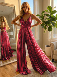 Metallic Long Spaghetti Straps Jumpsuit Formal Evening Dresses with Beadings
