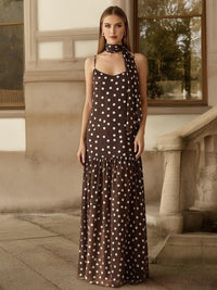 Polka Dot Spaghetti Strap Drop Waist Sheath Floor-Length Formal Dresses with Scarf