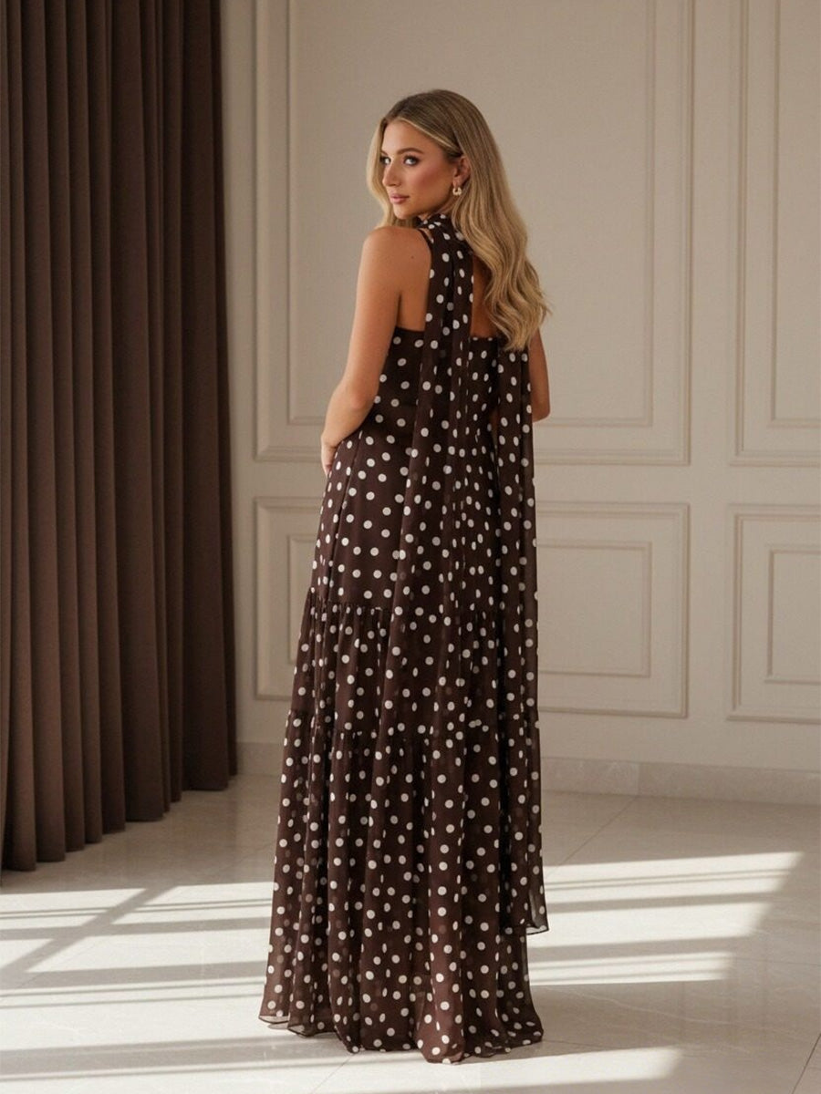 Polka Dot Spaghetti Strap Drop Waist Sheath Floor-Length Formal Dresses with Scarf