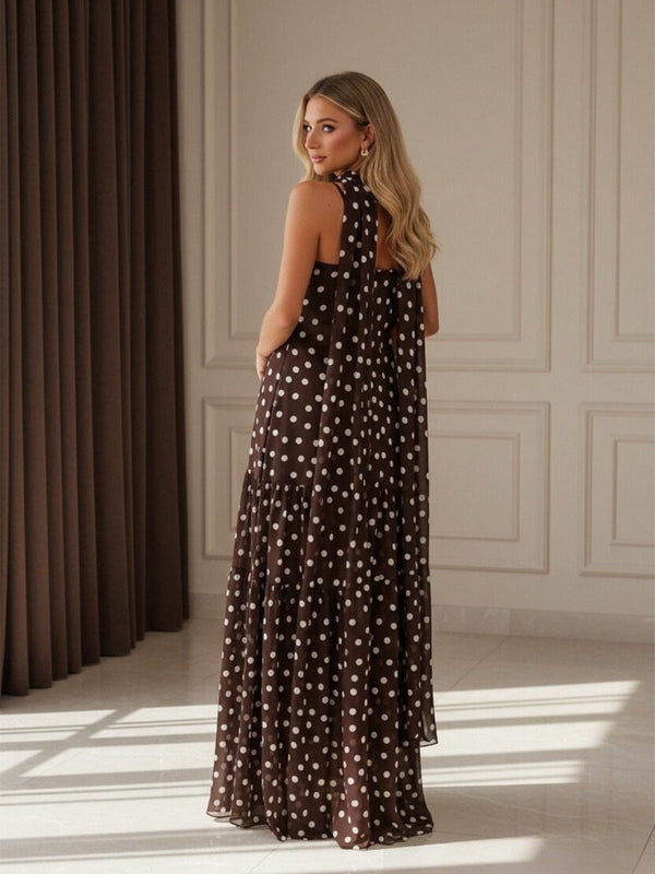 Polka Dot Spaghetti Strap Drop Waist Sheath Floor-Length Formal Dresses with Scarf