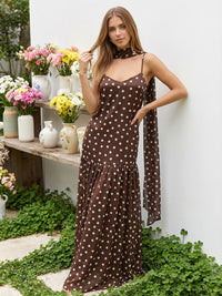 Polka Dot Spaghetti Strap Drop Waist Sheath Floor-Length Formal Dresses with Scarf