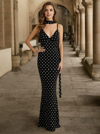 Polka Dot Spaghetti Strap Sheath Floor-Length Formal Dresses Bodycon with Scarf