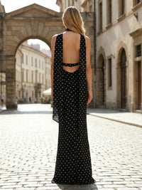 Polka Dot Spaghetti Strap Sheath Floor-Length Formal Dresses Bodycon with Scarf