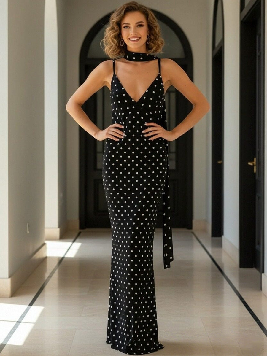 Polka Dot Spaghetti Strap Sheath Floor-Length Formal Dresses Bodycon with Scarf