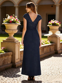 Sequin Sheath/Column Short Sleeve V-Neck Ankle-Length Formal Dresses