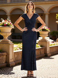 Sequin Sheath/Column Short Sleeve V-Neck Ankle-Length Formal Dresses