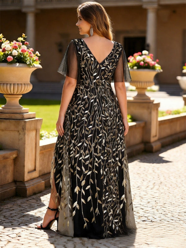 Leaf A-Line Short Sleeve V-Neck Floor-Length Mother of the Bride Dresses