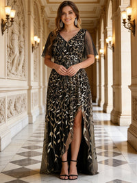 Leaf A-Line Short Sleeve V-Neck Floor-Length Mother of the Bride Dresses
