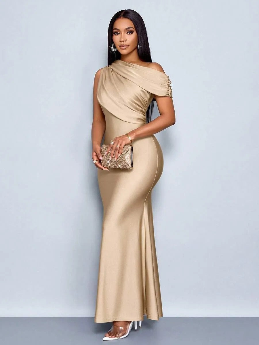 Mermaid Satin Off-Shoulder Ruched Floor Length Formal Dresses