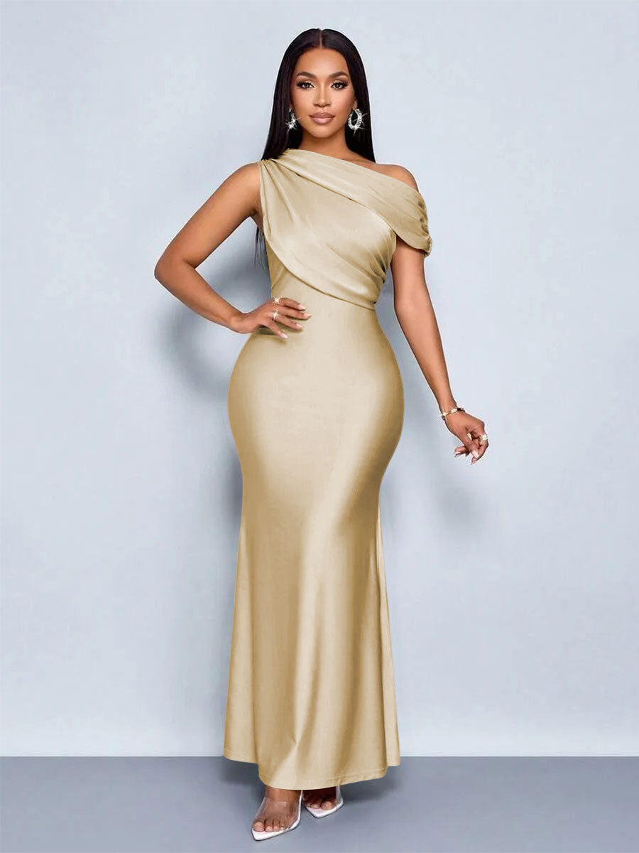 Mermaid Satin Off-Shoulder Ruched Floor Length Formal Dresses