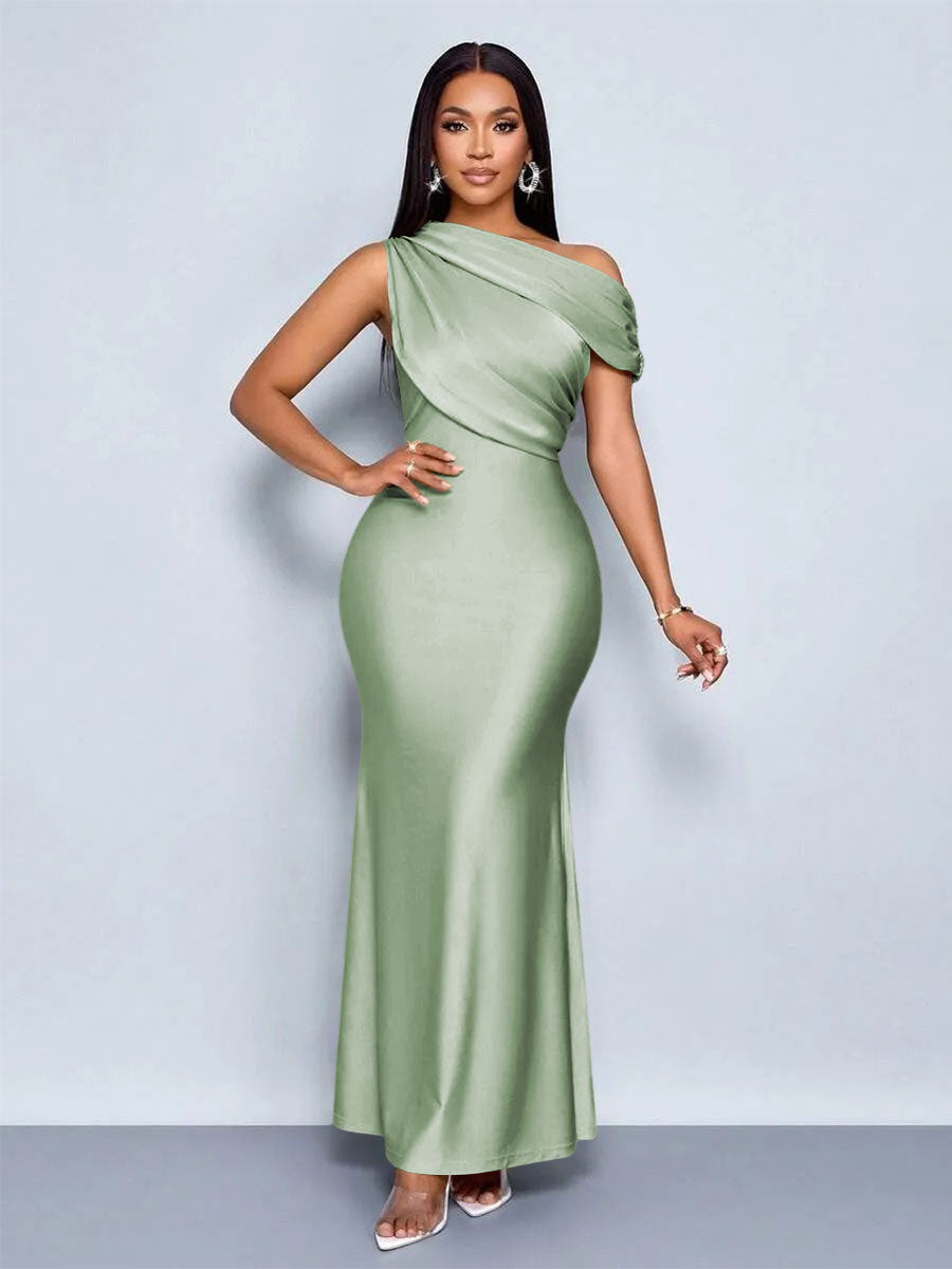 Mermaid Satin Off-Shoulder Ruched Floor Length Formal Dresses