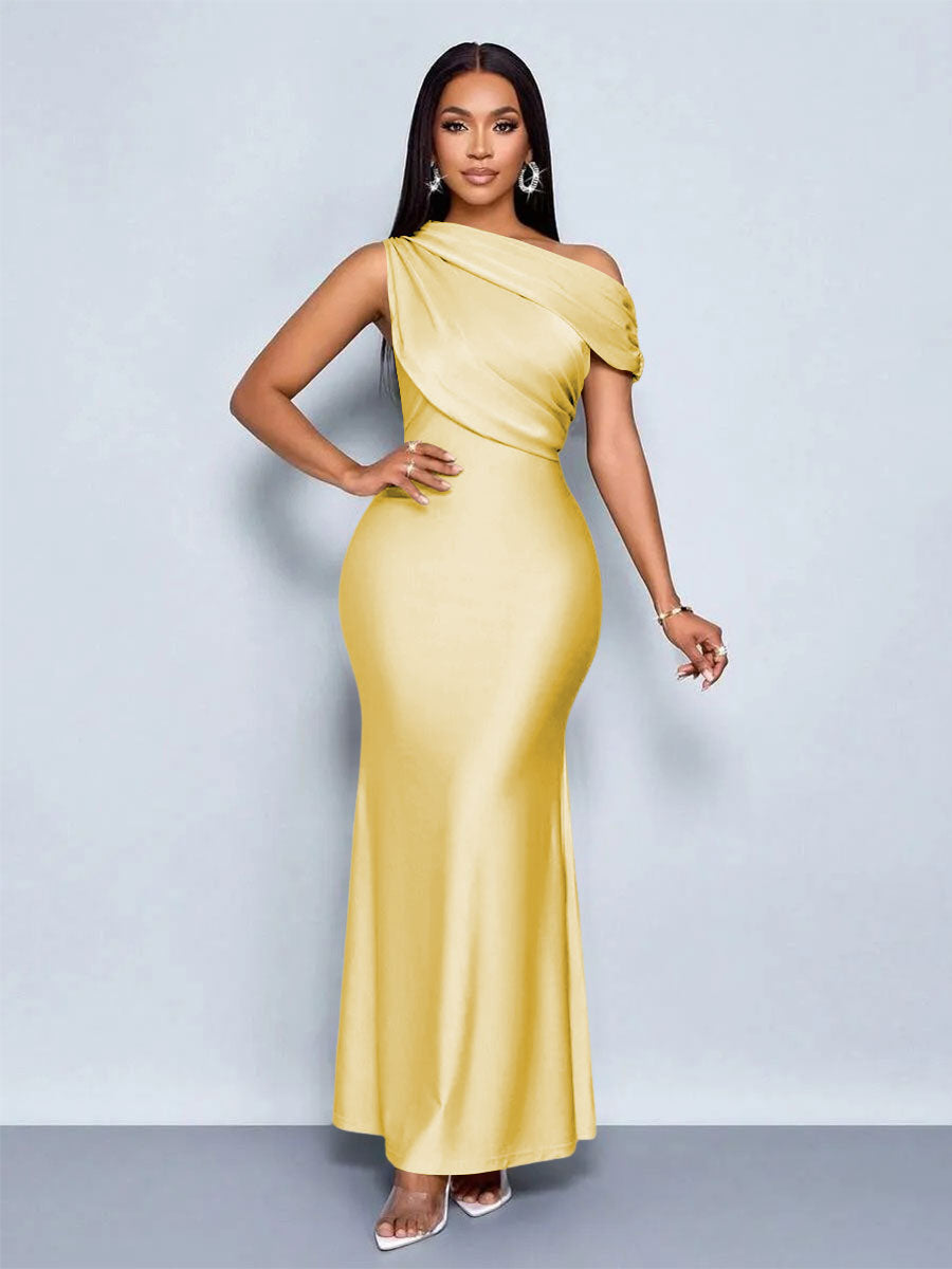 Mermaid Satin Off-Shoulder Ruched Floor Length Formal Dresses