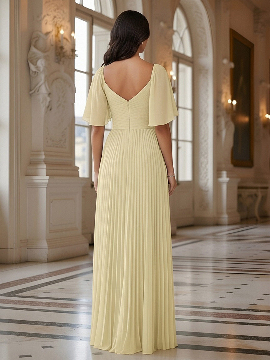 Pleated Chiffon V-Neck Short Sleeve A-Line Floor-Length Formal Gowns