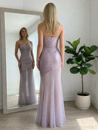 Drop Waist Spaghetti Strap Mixed Floor Length Formal Dresses with Sequin & Chiffon