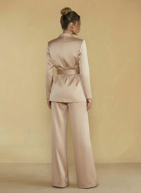 Two-Piece Satin Long Sleeve Pantsuits with Belt Women Formal Gowns