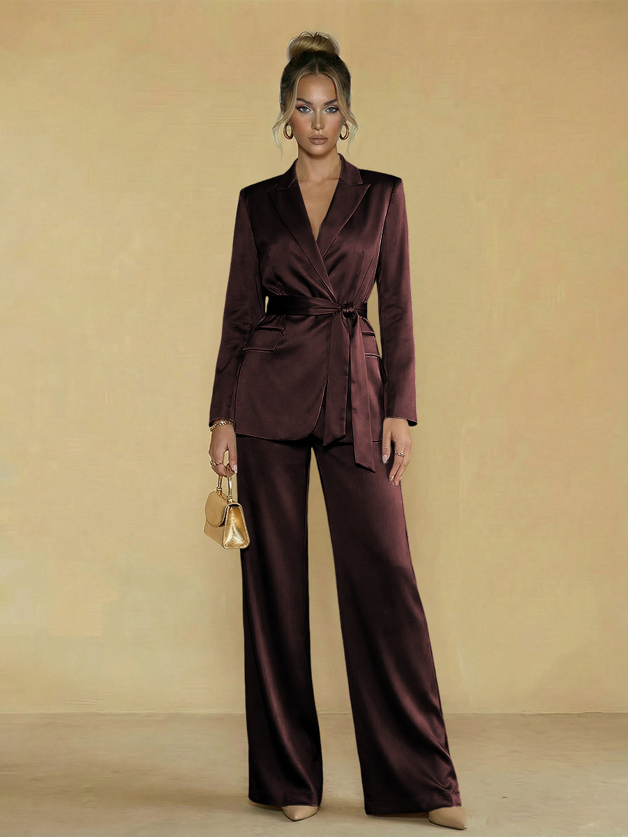 Two-Piece Satin Long Sleeve Pantsuits with Belt Women Formal Gowns