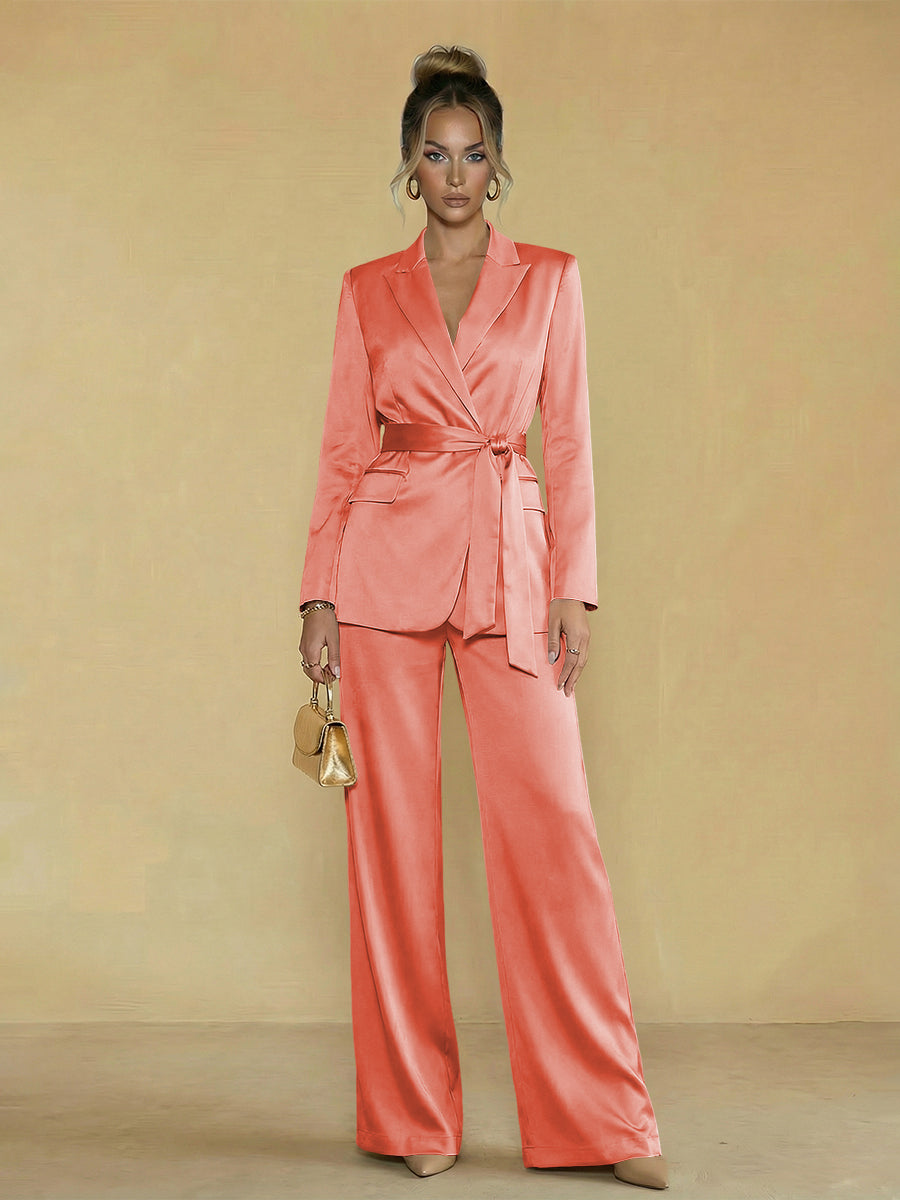 Two-Piece Satin Long Sleeve Pantsuits with Belt Women Formal Gowns