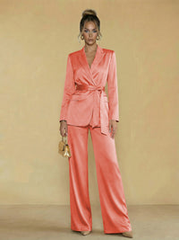 Two-Piece Satin Long Sleeve Pantsuits with Belt Women Formal Gowns