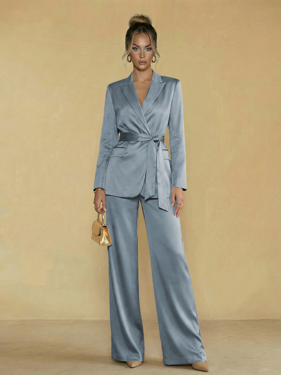 Two-Piece Satin Long Sleeve Pantsuits with Belt Women Formal Gowns