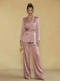Two-Piece Satin Long Sleeve Pantsuits with Belt Women Formal Gowns