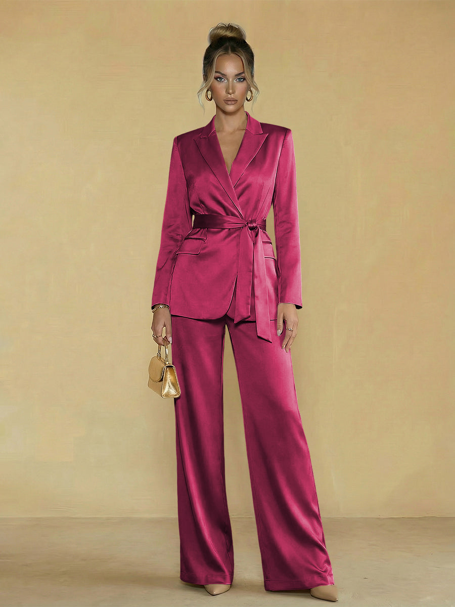 Two-Piece Satin Long Sleeve Pantsuits with Belt Women Formal Gowns