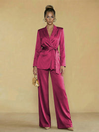 Two-Piece Satin Long Sleeve Pantsuits with Belt Women Formal Gowns