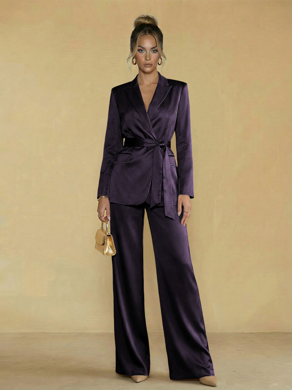 Two-Piece Satin Long Sleeve Pantsuits with Belt Women Formal Gowns