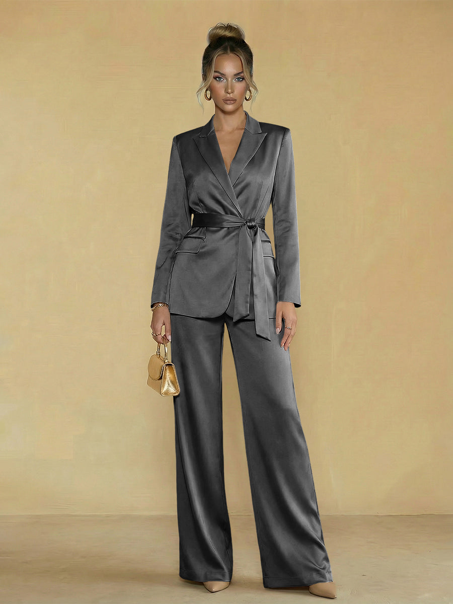 Two-Piece Satin Long Sleeve Pantsuits with Belt Women Formal Gowns