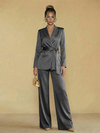 Two-Piece Satin Long Sleeve Pantsuits with Belt Women Formal Gowns