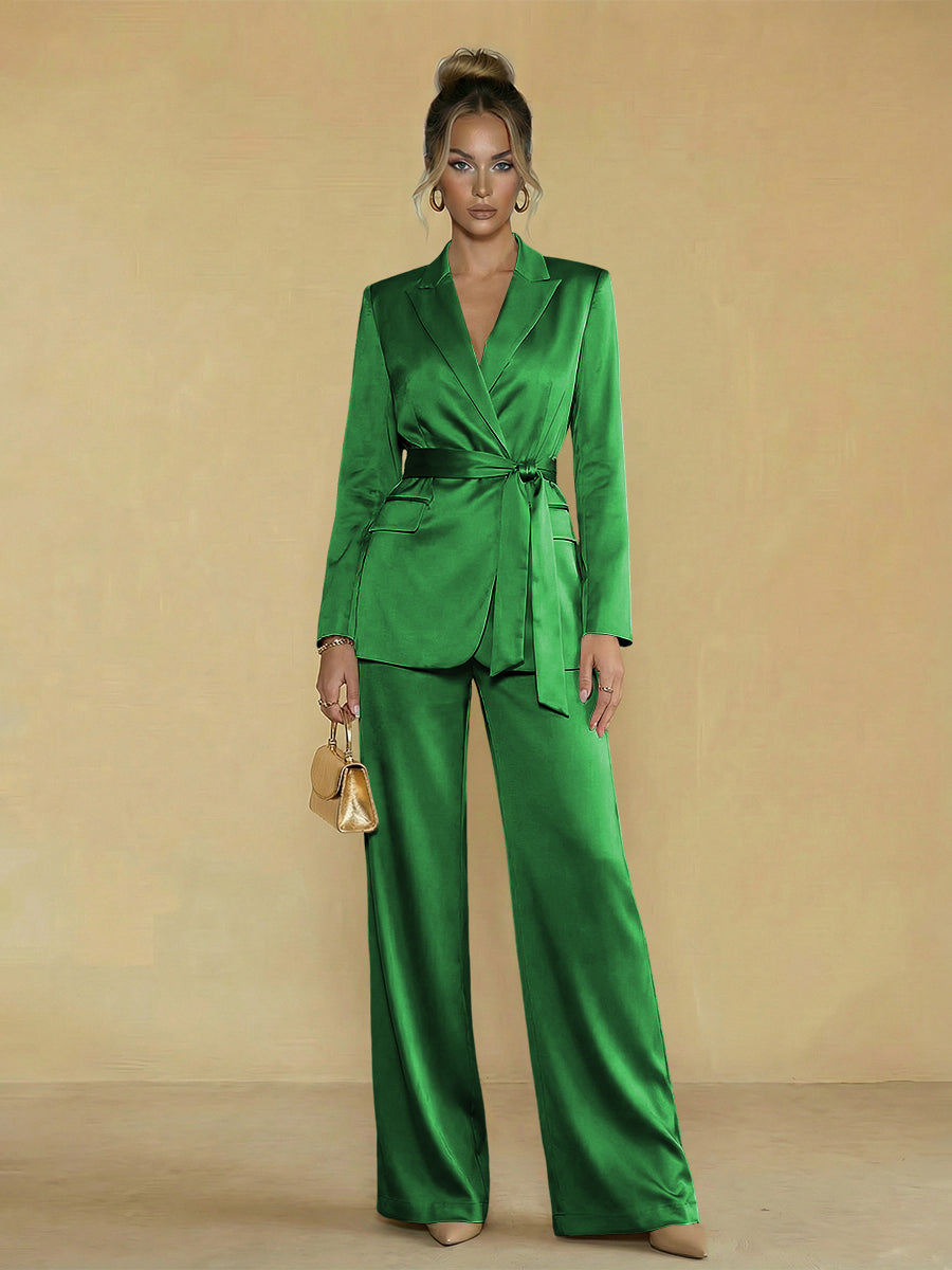 Two-Piece Satin Long Sleeve Pantsuits with Belt Women Formal Gowns