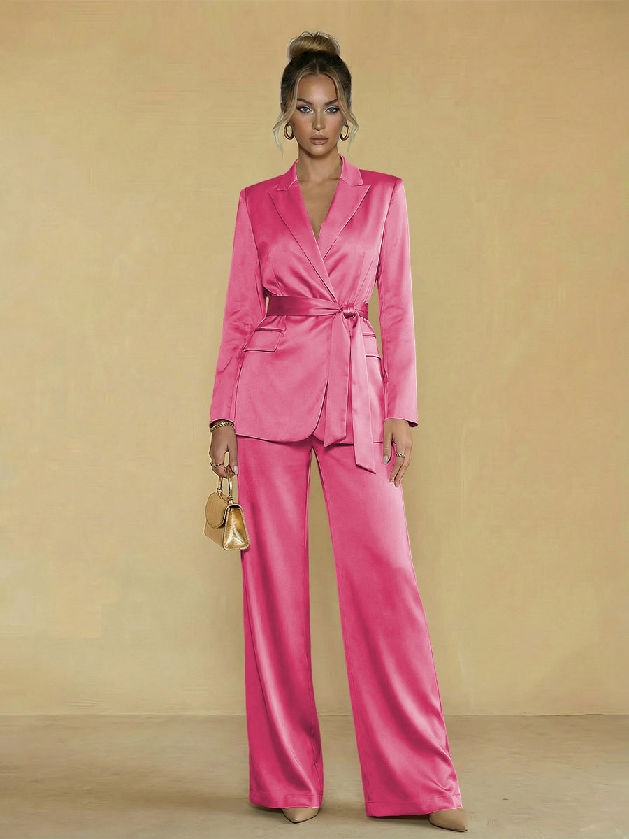 Two-Piece Satin Long Sleeve Pantsuits with Belt Women Formal Gowns