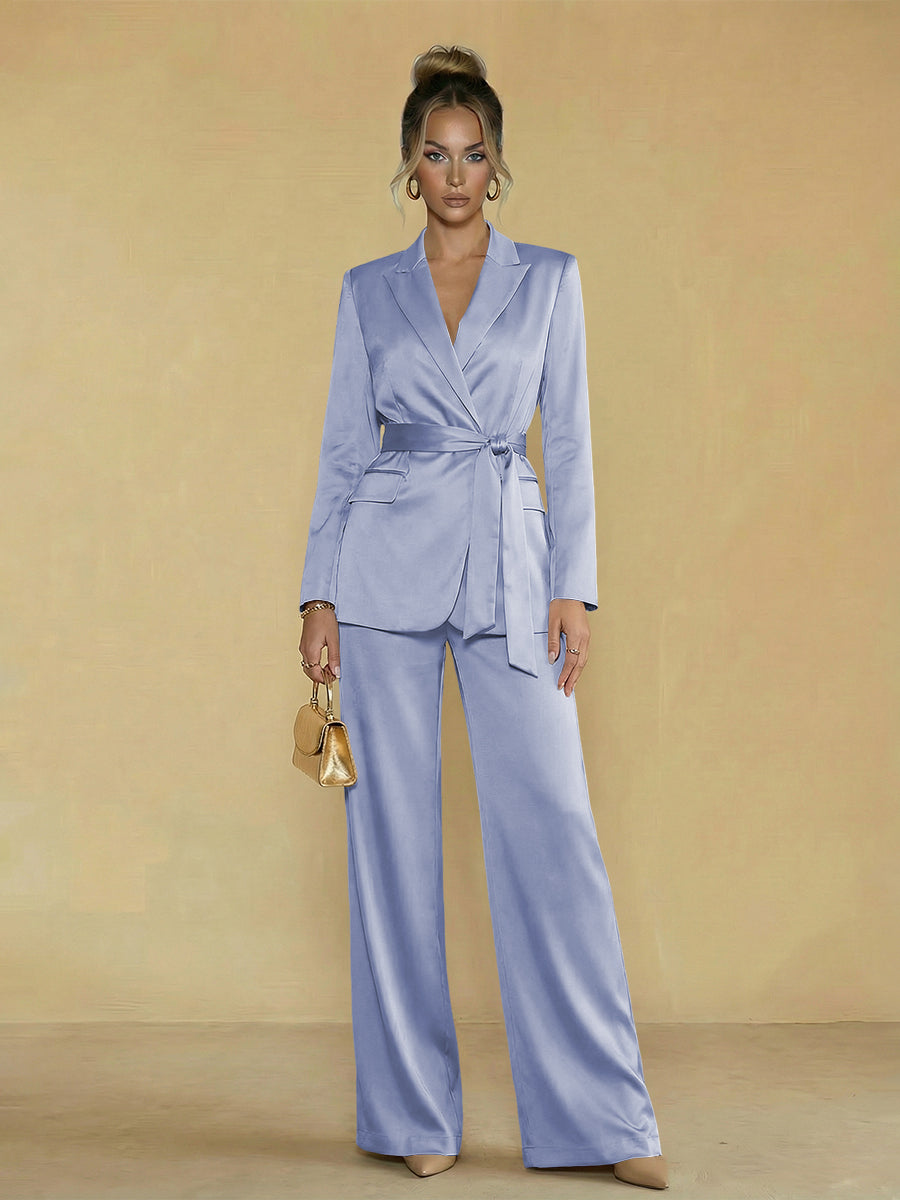 Two-Piece Satin Long Sleeve Pantsuits with Belt Women Formal Gowns